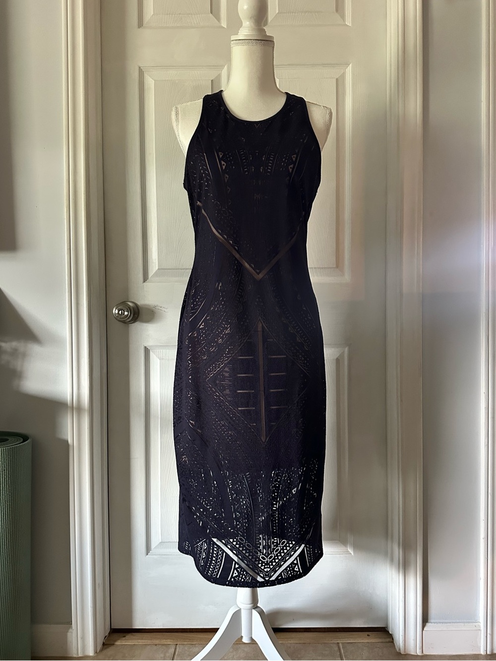 Navy Laser-Cut Midi Dress in Medium